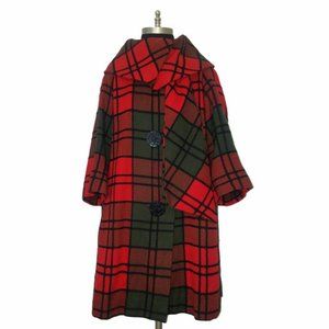 Vtg 60s Wool Check Plaid Scarf Neck Swing Coat S M